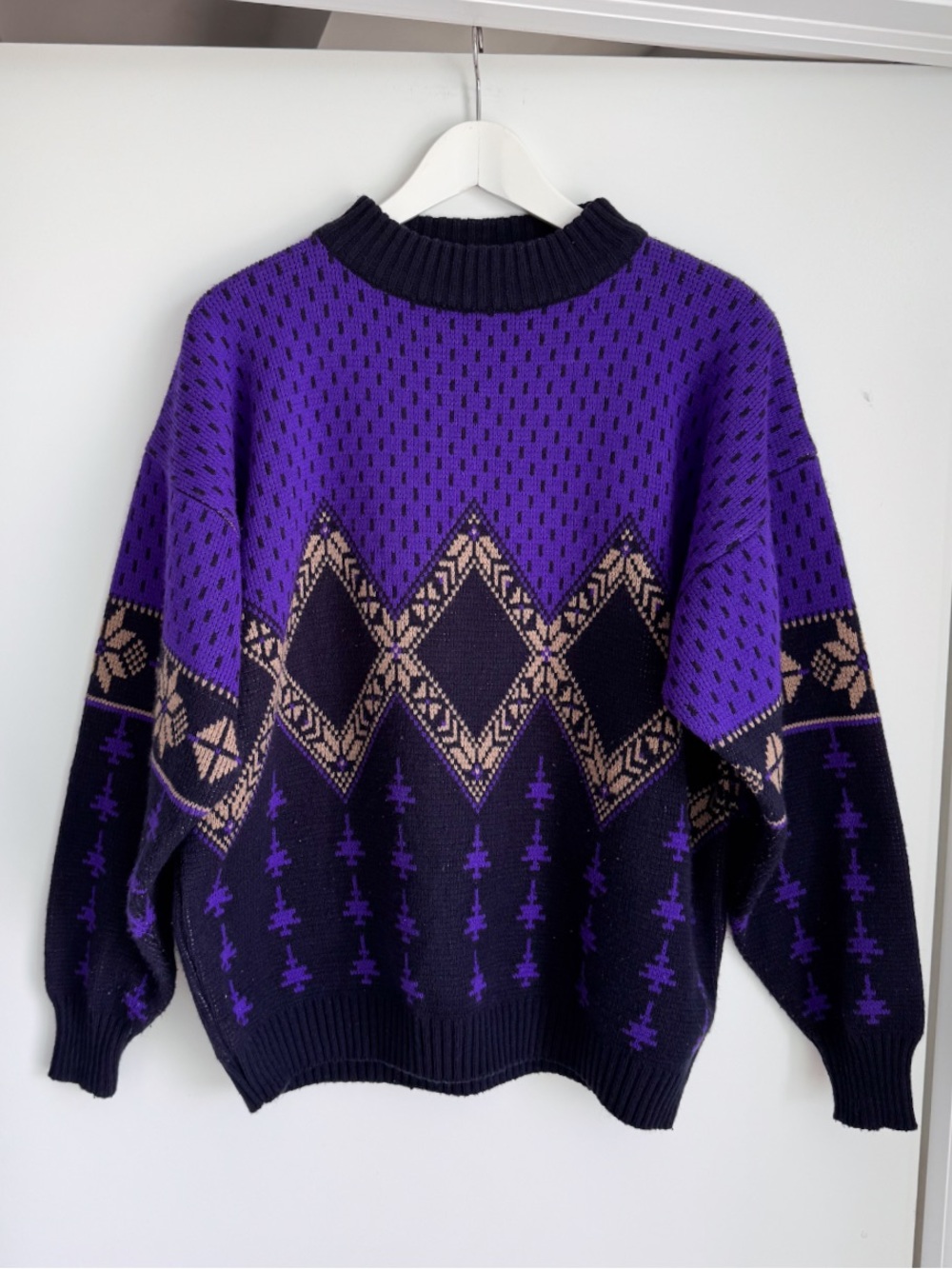 Vtg 80s 90s Knit Sweater Purple Diamond Geometric Crewneck Pullover 23.5x24.75